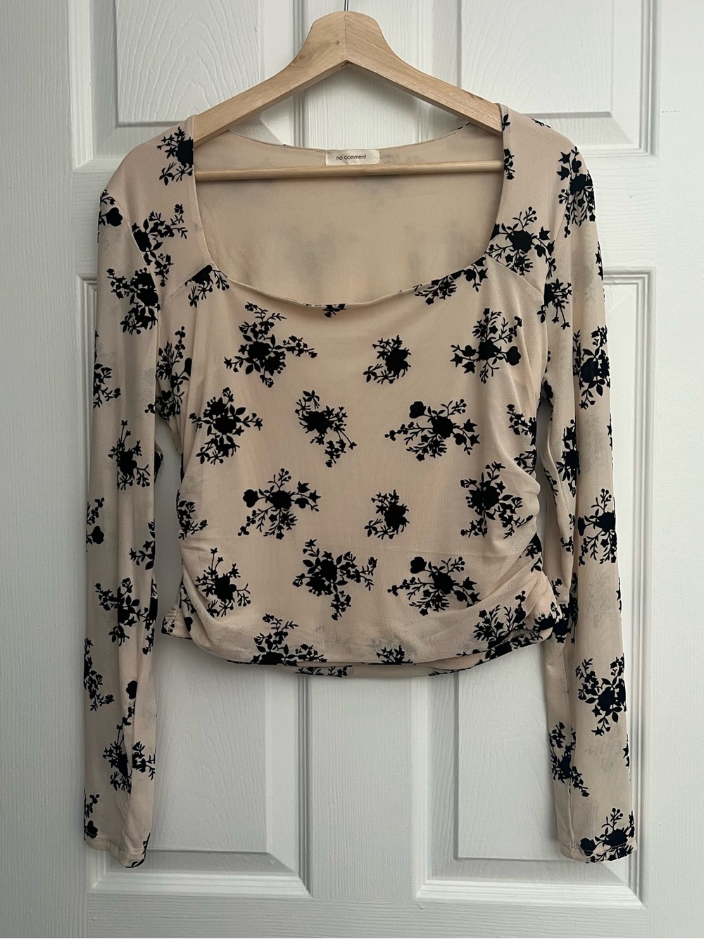 No Comment Beige Long Sleeve Cropped Velvet Floral Square Neck Mesh Top